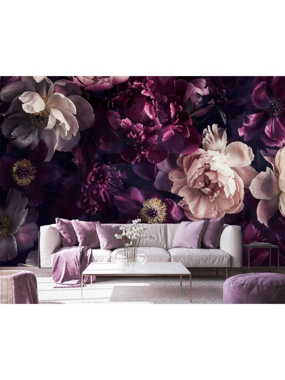 Elegant Black Peony Floral Wallpaper Mural - Dark Purple & Green Botanical Decor